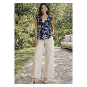 Japna Women's Handmade Floral Short Sleeve Long Blouse Navy Purple Size S EUC